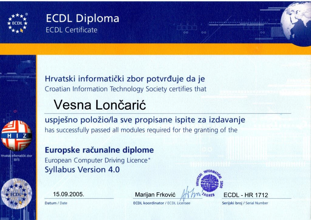 Vesna Lončarić ECDL certifikat